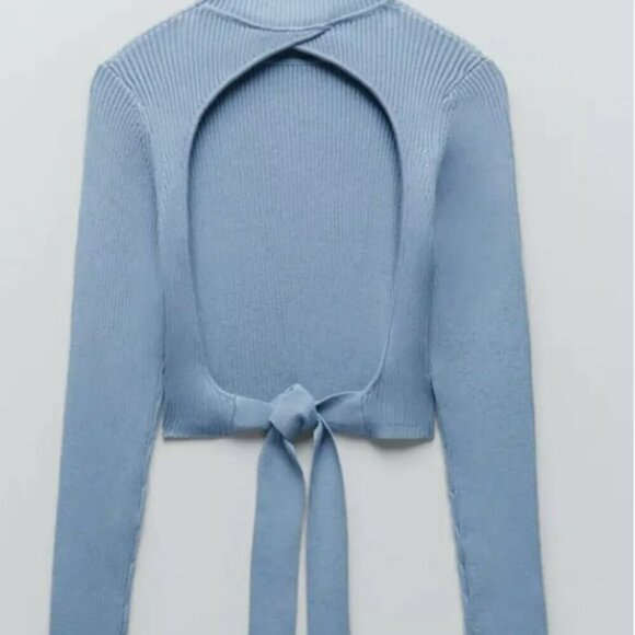2/$30 Zara Blue Backless Mock Neck Knit Sweater Wrap Around Tie Size Small - Picture 9 of 14